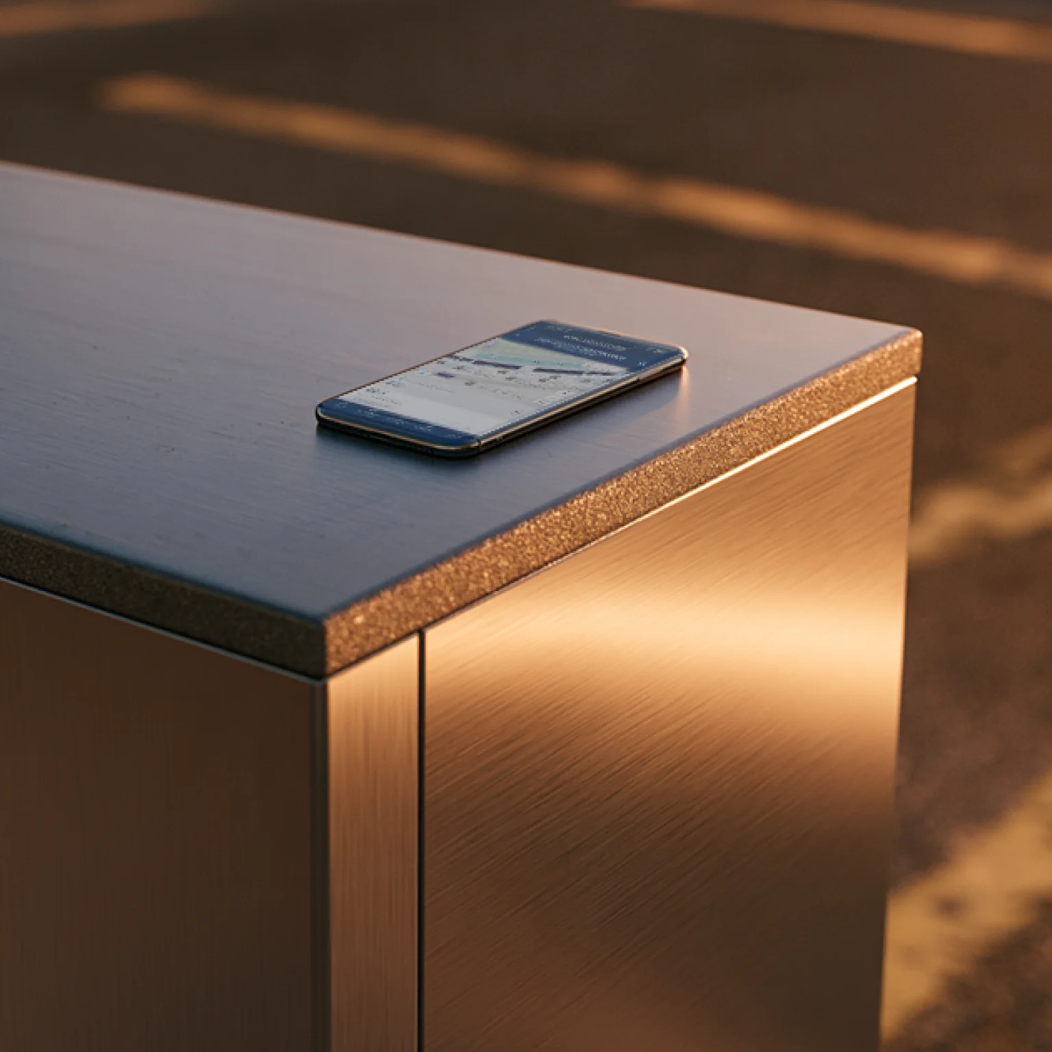 Phone in hand on the kiosk ledge, wayfinding route open